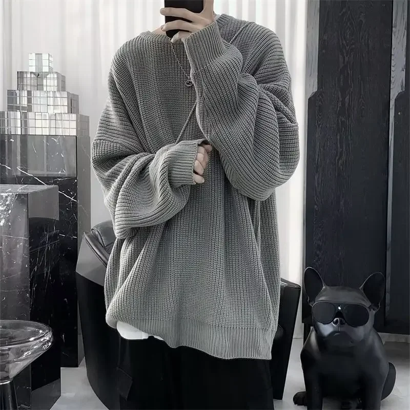 남성용 캐주얼 스타일 단색 스웨터, 일본 빈티지 트렌디 니트 탑, 루즈핏 라운드넥 풀오버, 가을, 겨울, 신상