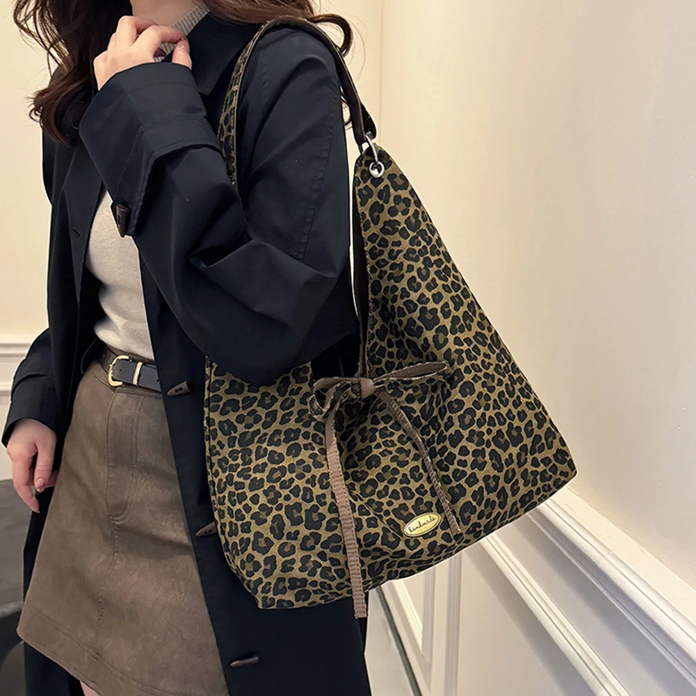 Leopard Print Shoulder Bag for Women Hobo Bags Slouchy Tote Bag Canvas Bow Retro Handbag Purse Work Commuter Shopping Travel Bag