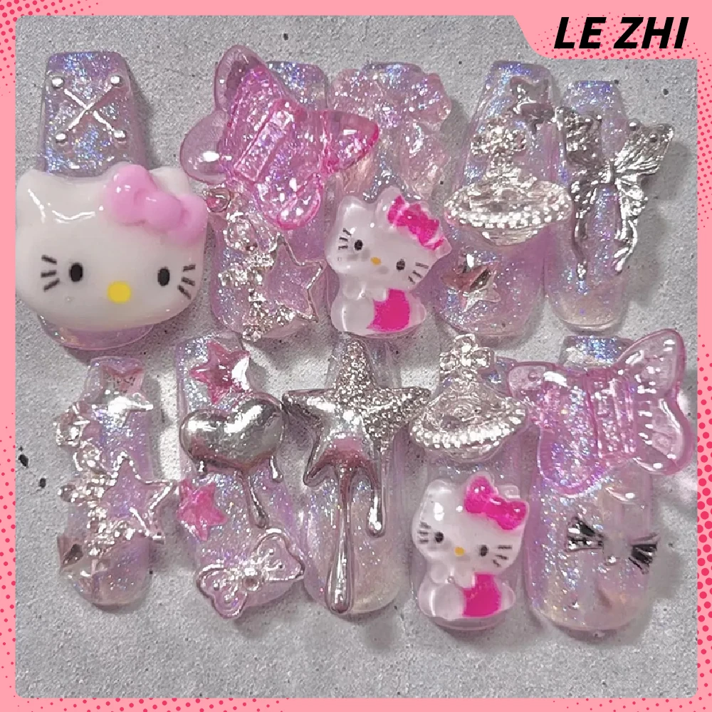 

Sweet Cool Spice Girl Hello Kitty Y2K Press on Nails 3D Stereo Gothic Diamonds Star Butterfly Decor Full Cover Nails Party Gift