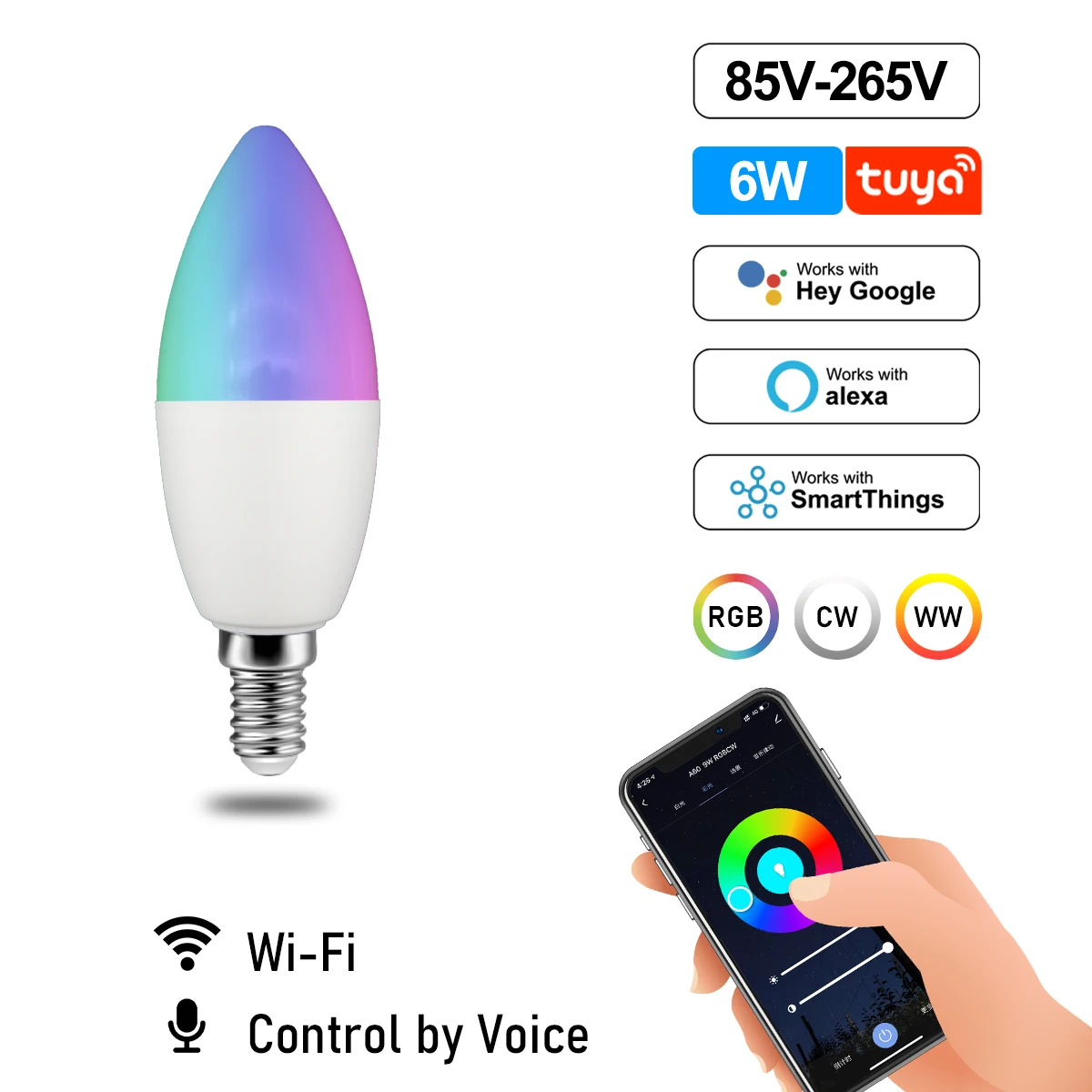 Ampoule LED Intelligente RVB - Wi-Fi/Bluetooth, Commande Vocale, E27, 15W, Multicolore