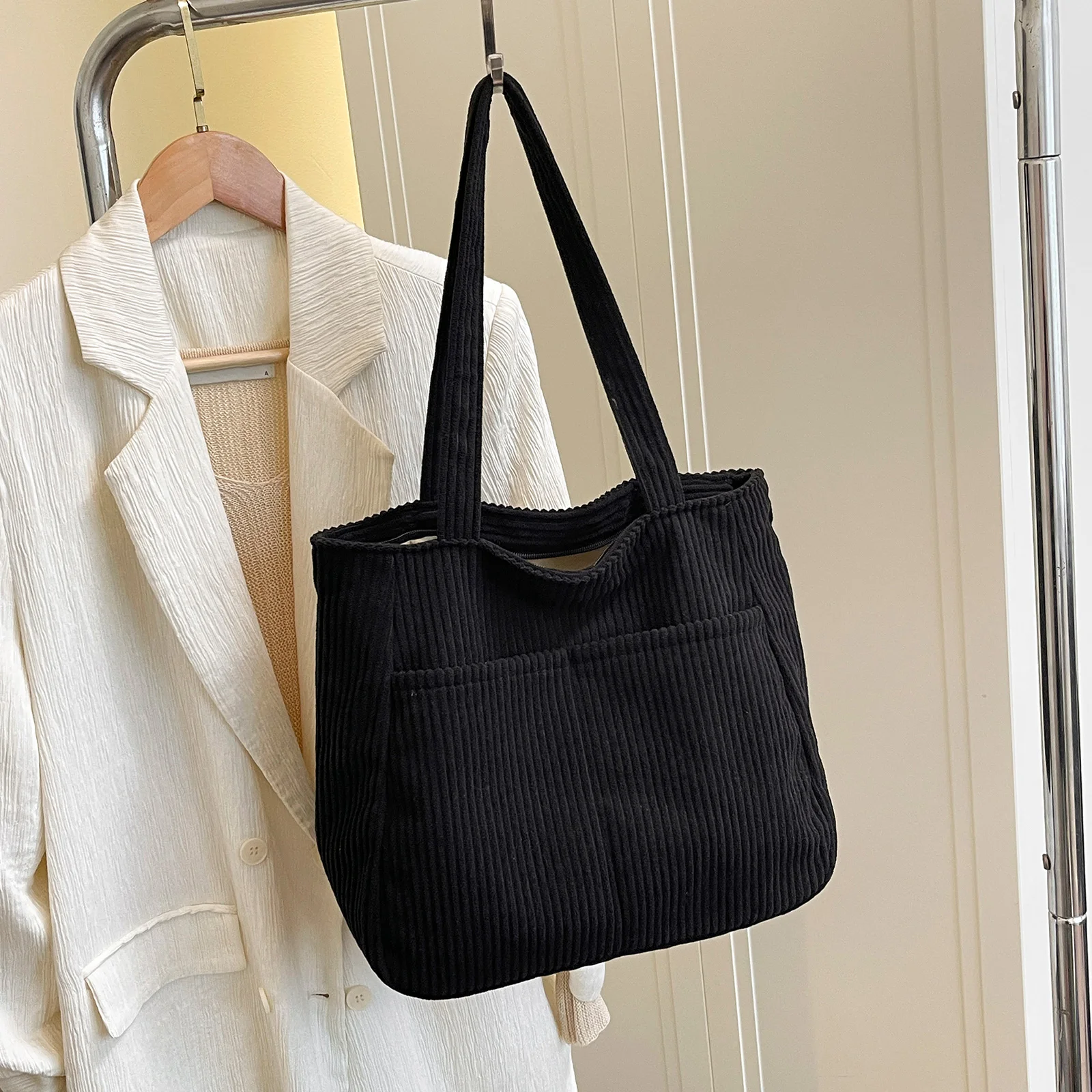 Corduroy Shoulder Hobo Bag Large Capacity Casual Shopping Work Bag with Pocket Solid Color for Work College Shopping