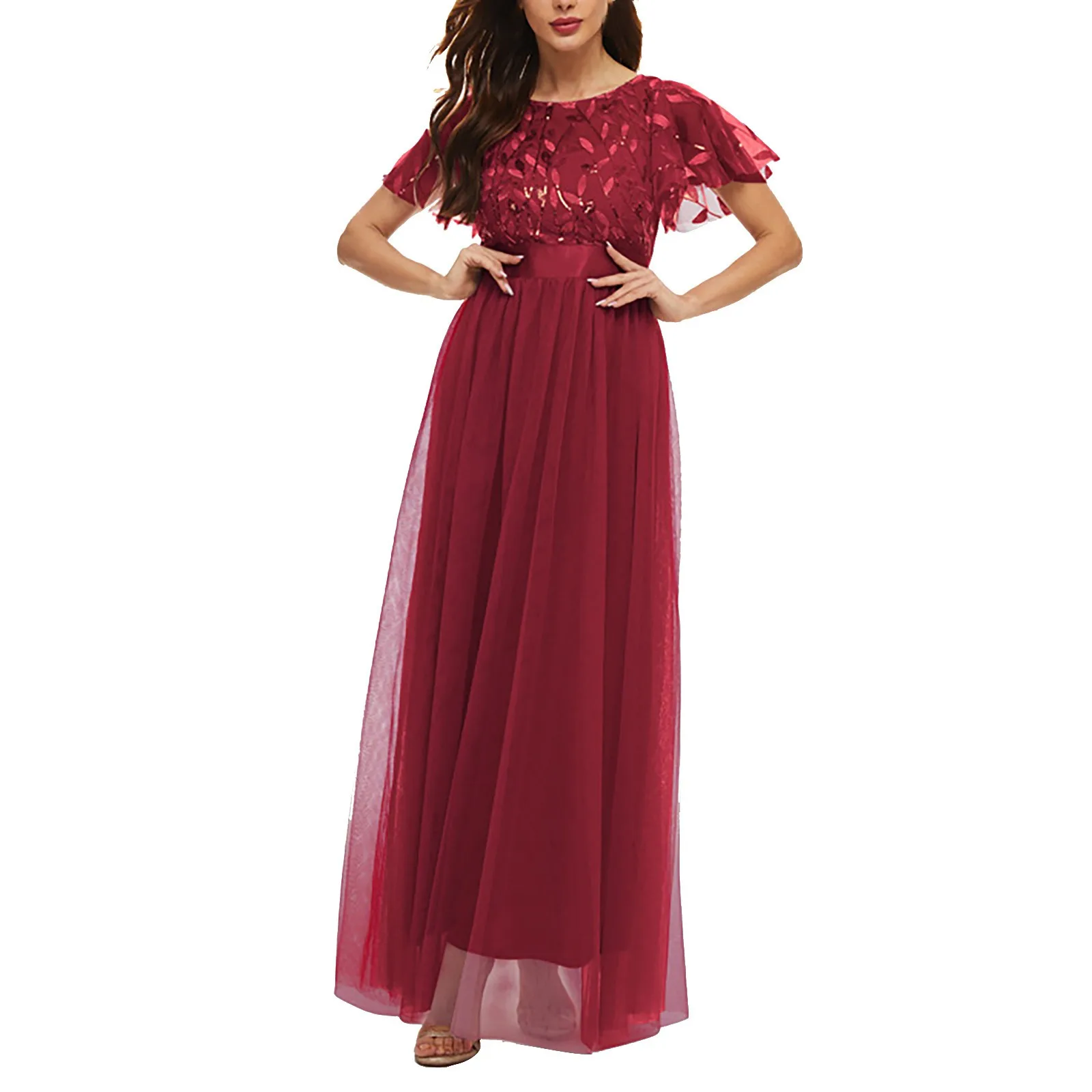 

New Elegant Party Dress Women O Neck Lace Half Sleeve Prom Dresses For Women Solid A-Line Dress Boho Sexy Long Dress