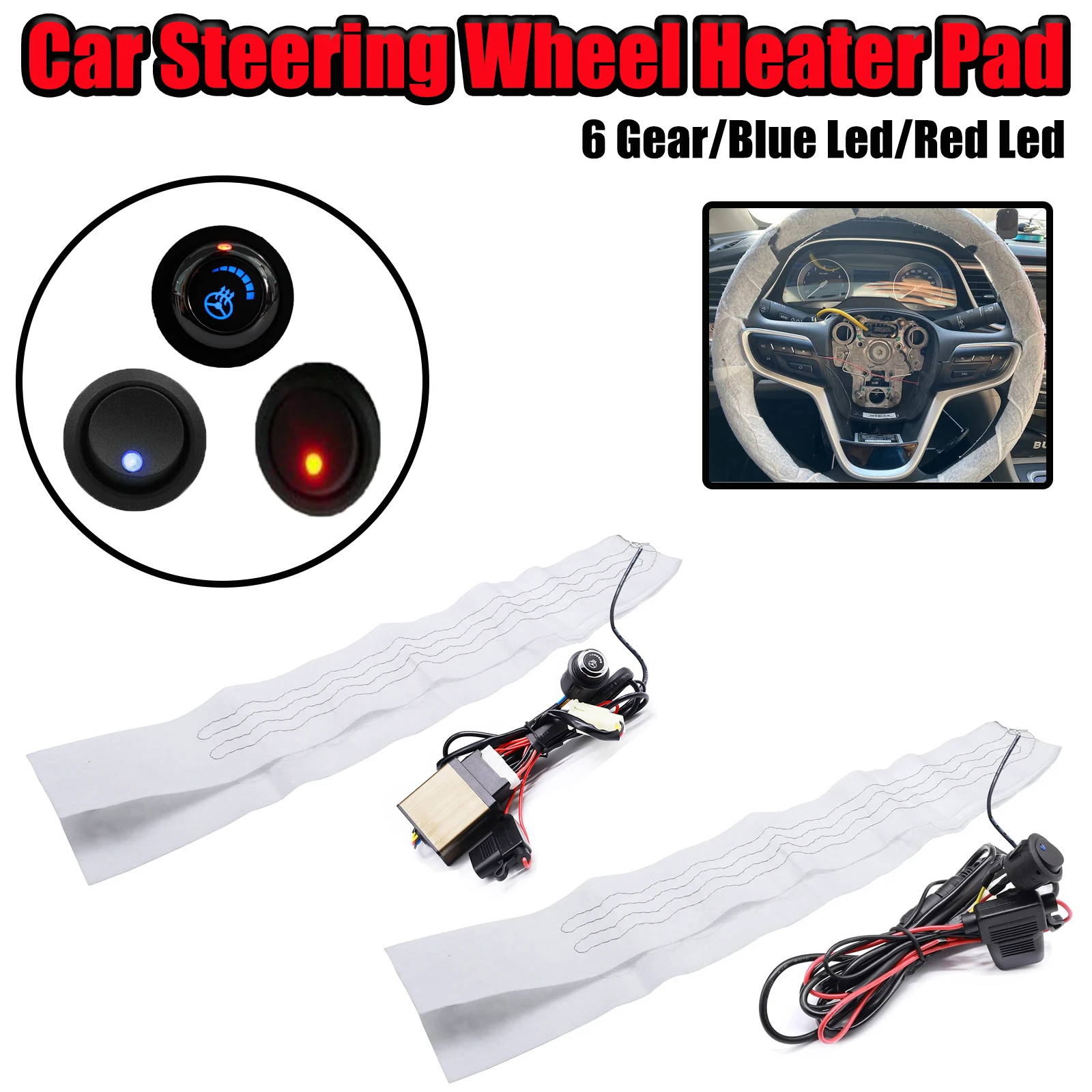 New Car Steering Wheel Heater Kit 6 Gears Plastic Heat Pads Red Blue