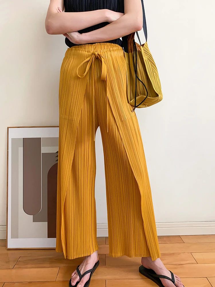 Miyake Pleated Belt Skirt Pants Women Double Layer Elastic Waist Designer Strap Wide Leg Pants 2023 Summer New Korean Trousers