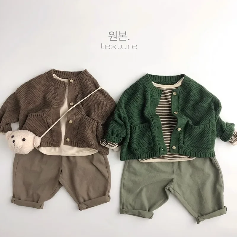 파인애플 패턴 베이비 니트 가디건 스웨터 재킷, 독특한 트렌디 어린이 겉옷, 크루넥 디자인, 신상