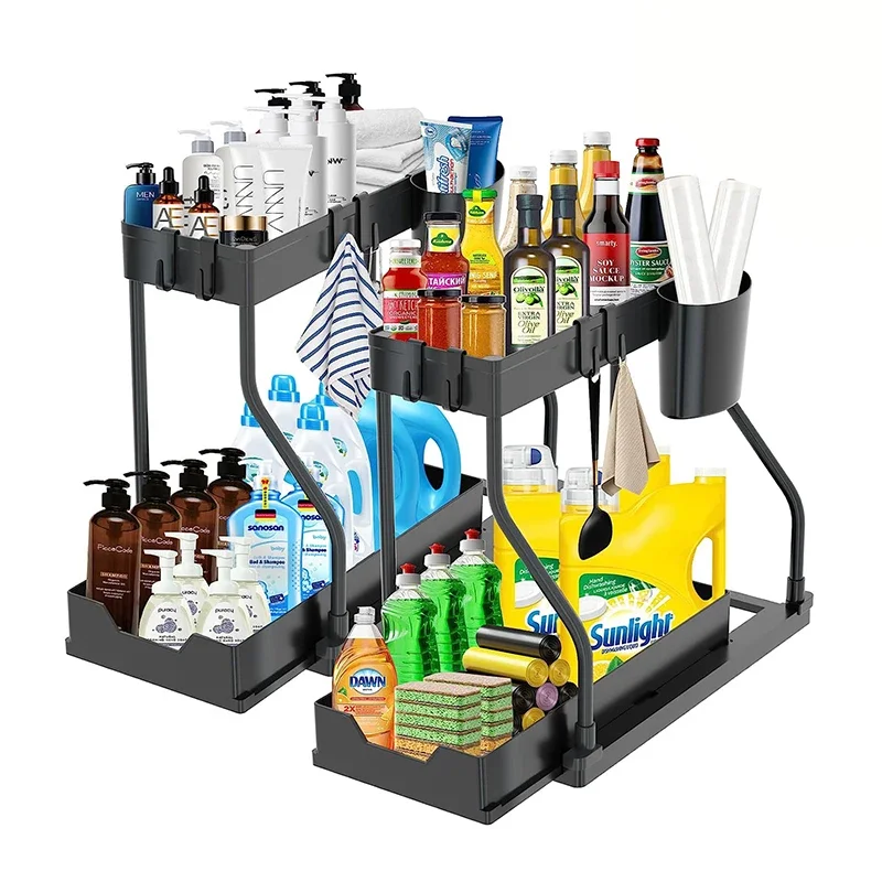 Multifunctional Drawer Shelf Organizer Under Sink Storage Kitchen Rack Bathroom Table Cabinet 2 Layers Pull Out kitchen storage rack cabinet organizer shelves