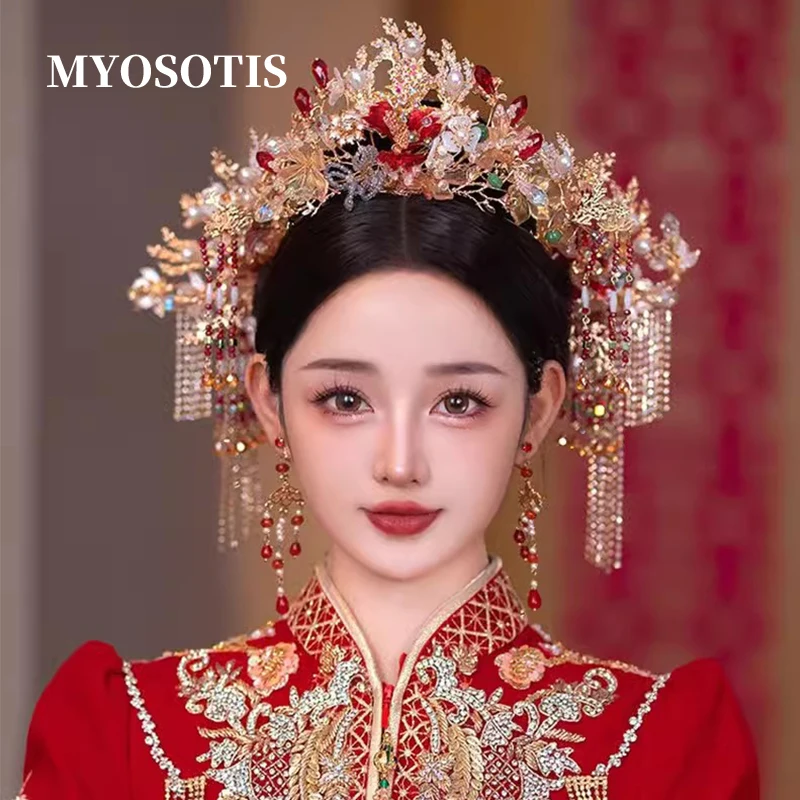 

New Style Chinese Vintage Bridal Headdress Hair Crown Wedding Head Accessories Costume Xiuhe Dragon and Phoenix Jewelry