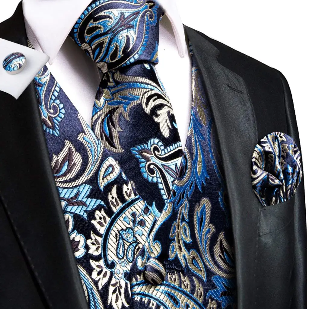 Hi-Tie Champagne Vest Solid Men's Waistcoat Tie Hanky Cufflinks Set