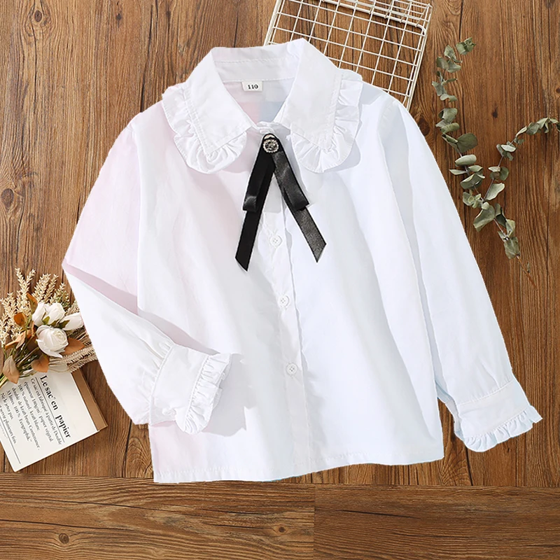 Girls Blouses Spring & Autumn Long Sleeve Preppy Style Ruffles Kids Shirts Casual Cotton Girls Clothes School Uniform Vestidos
