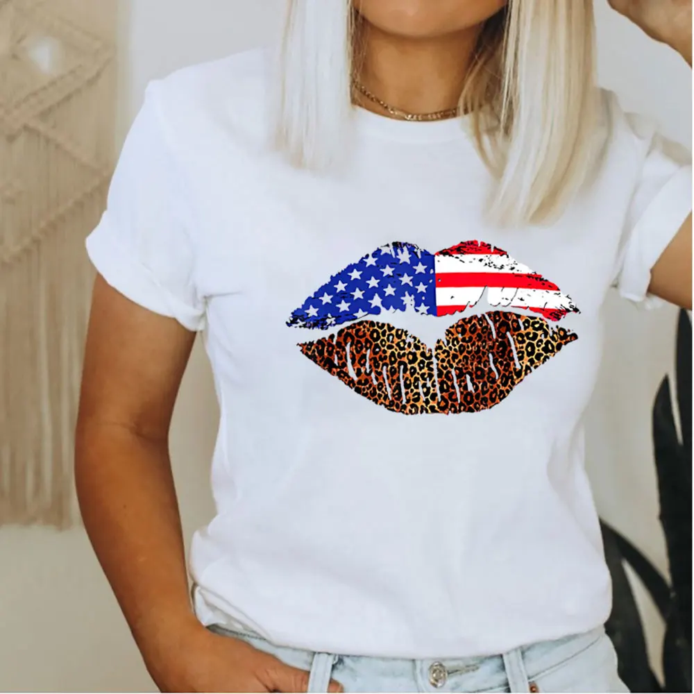 

Leopard Lip Flag Print New Arrival 4th of July Shirt 100%Cotton Women Tshirt July 4th Funny Summer Casual Short Sleeve Top Tee