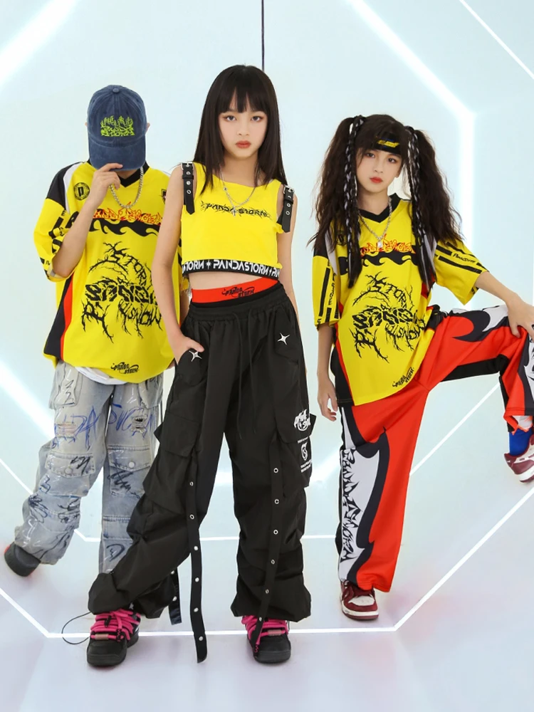 

Модная детская одежда в стиле хип-хоп, костюм для джазовых танцев, желтый жилет, топы, брюки для девочек, одежда для выступлений в стиле хип-хоп, одежда для сцены BL12657