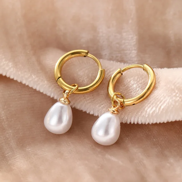 87010-547b9d.jpg Boucles d'oreilles créoles en acier inoxydable pour femmes, pendentif en forme de goutte d'eau, Imitation de perles, tempérament Simple, bijoux cadeaux pour les déplacements quotidiens