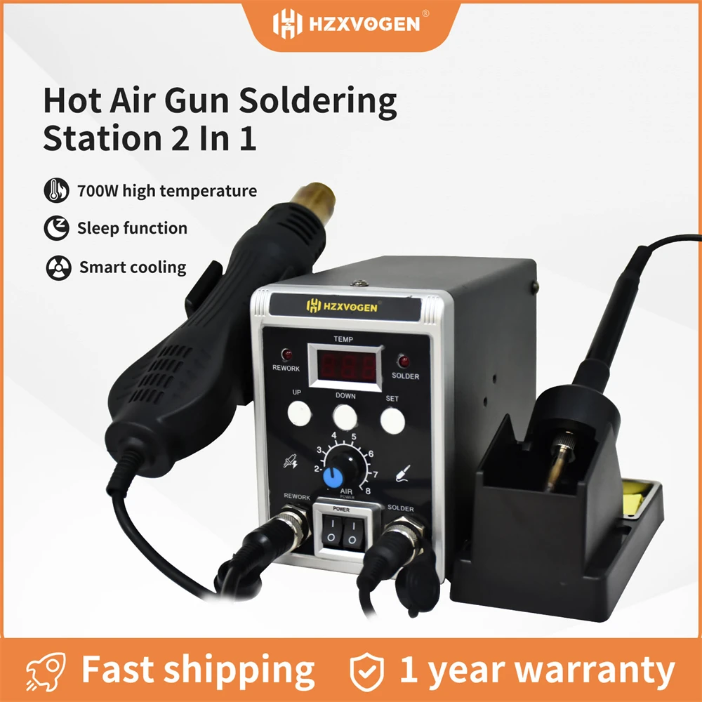 HZXVOGEN 700W 2 in 1 Hot Air Gun Soldering Station 60W Constant Temperature Soldering Iron Digital Welding Desoldering Station