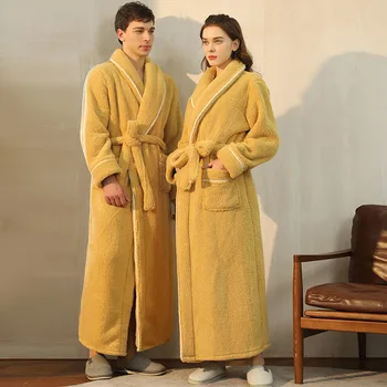 Men's and Women's Styles Winter Bathrobe Long Sleeve Warm Turn Down Collar Fluffy Bath Robe with Sashes Solid Fleece Gown 2025