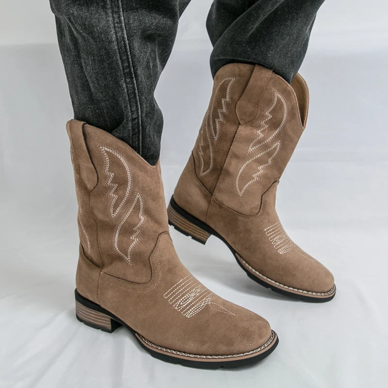 New Western Men's Cowboy Boots Vintage Mid-calf Motorcycle Boots Fashion Suede Leather Men's Boots Outdoor Casual Riding Boots - 4