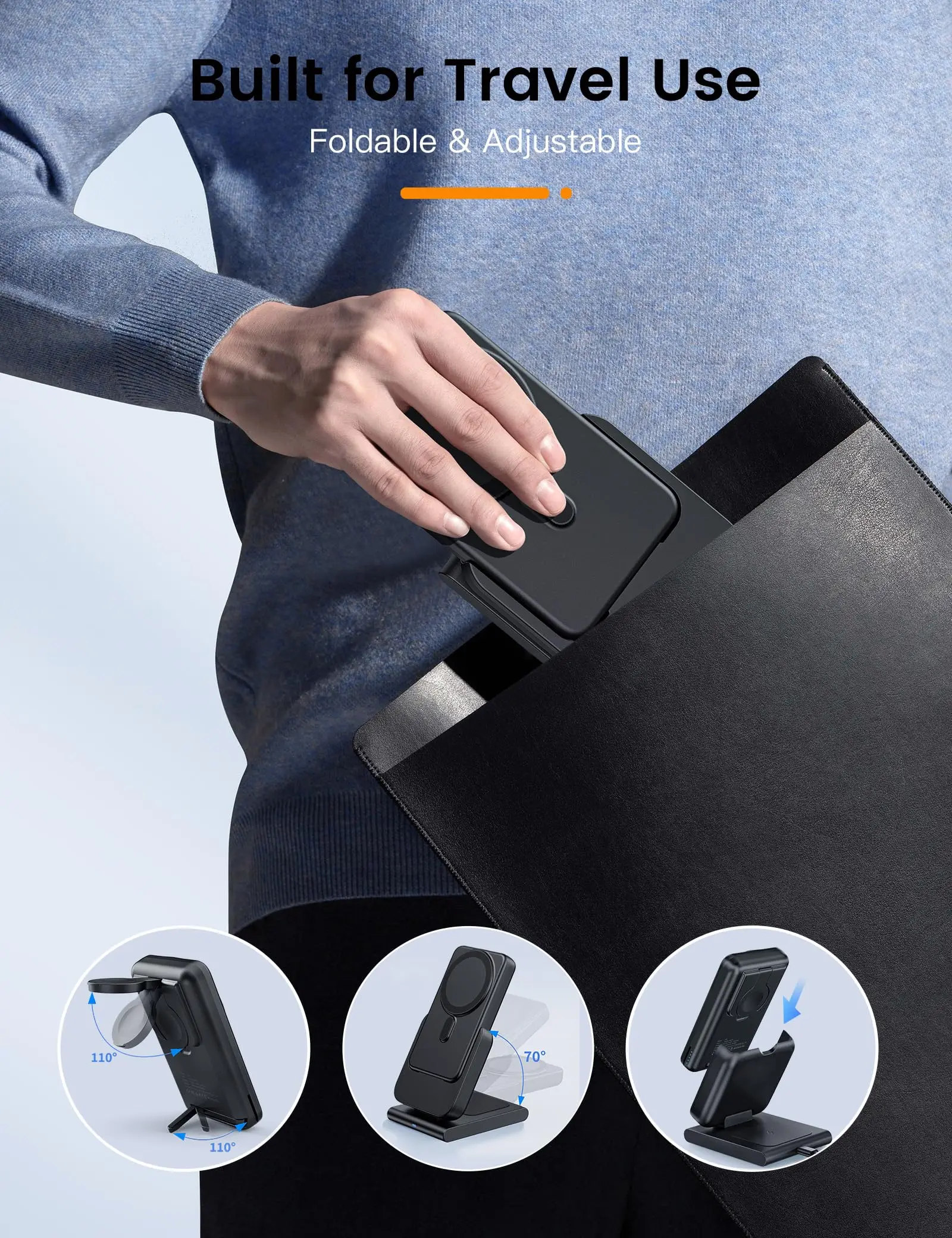 10000mAh 3 in 1 Wireless Charging Station Power Bank Foldable Magnetic Charging Station for Magsafe Stand iPhone 15/14/13 Watch