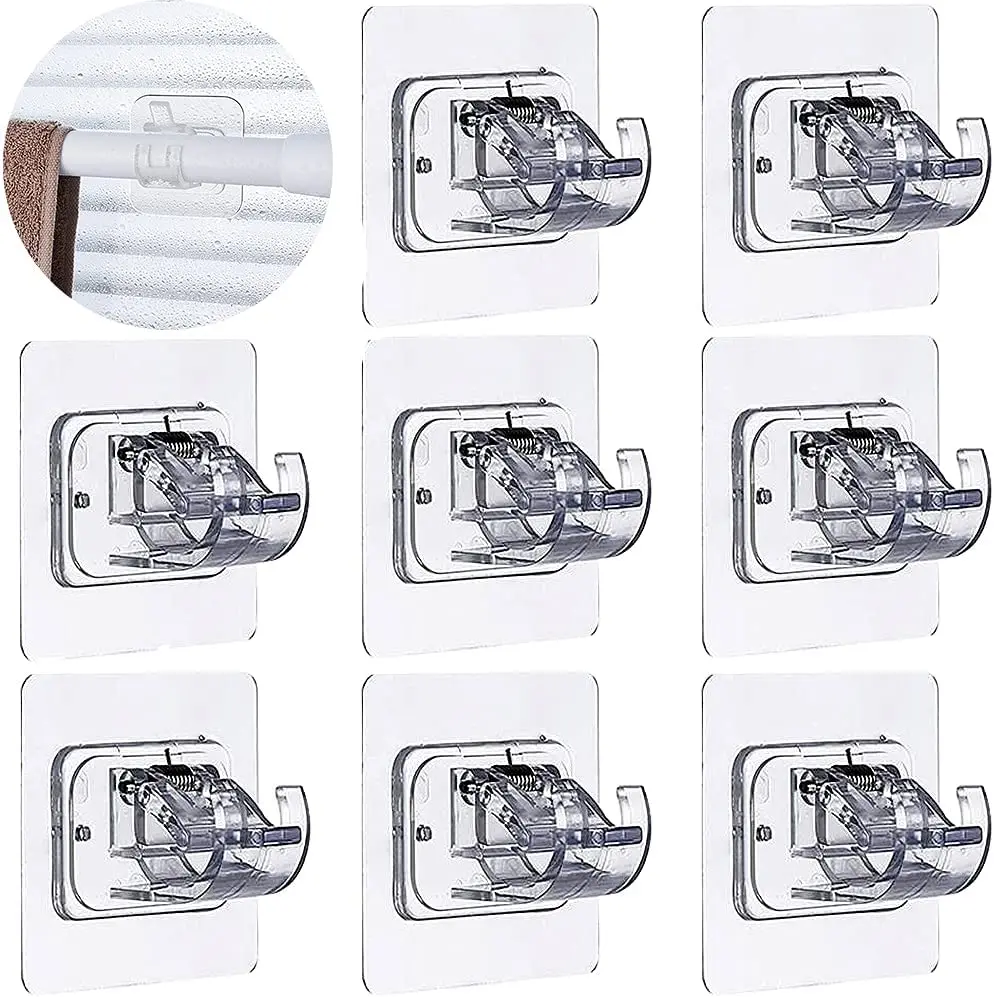 2/4pcs Self Adhesive Curtain Rod Bracket No Drill Drapery Hooks Holder Plastic Sticky Curtain Rod Hooks for Kitchen Bathroom