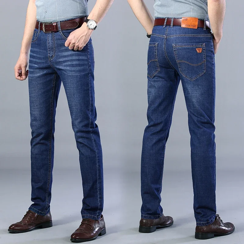 2023 Spring Summer Classic Pocket Men Fit Straight Thin Jeans Cotton Elastic Middle Waist Business Casual Lightweight Pants