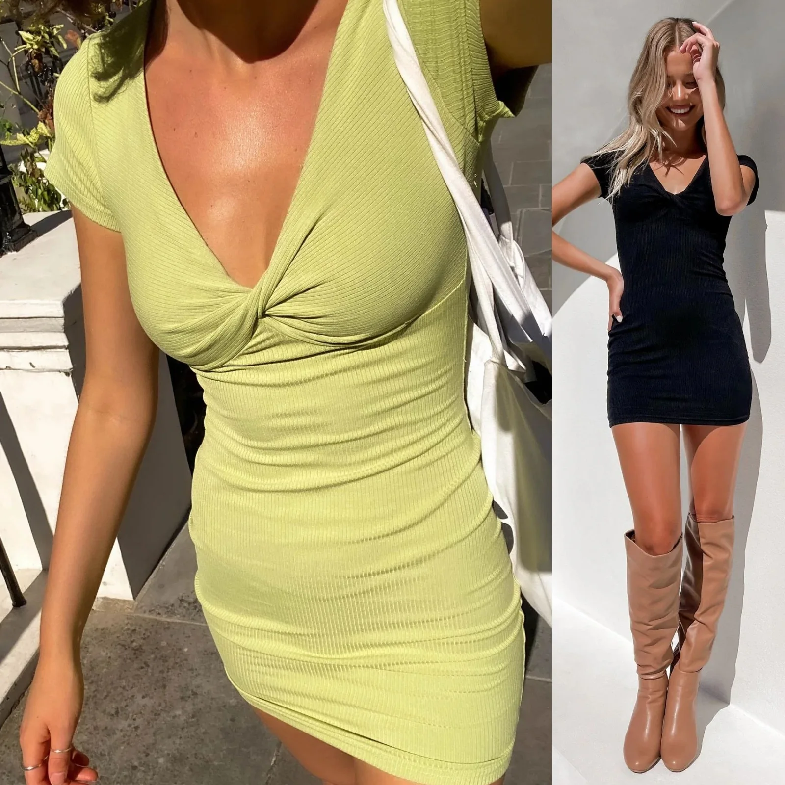 

2023 New Women Wear Solid Color Knitted Thread Button V-Neck Sexy High Waist Slim Fit Street Dress Short Skirt Commuter Apparel