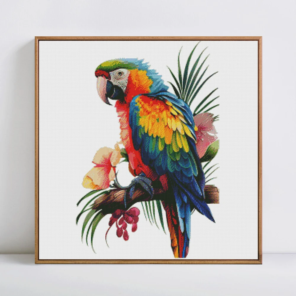 HUACAN Embroidery Colorful Animal Printed Canvas DIY Handmade Home Decoration Cross Stitch Flower Parrot Kits Needlework 16CT