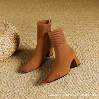Black Square Toe Knit Sock Boots Elastic Slim Thick Block Heel High Heels Short Boots Fashion Autumn Casual Skinny Ankle Boots 2