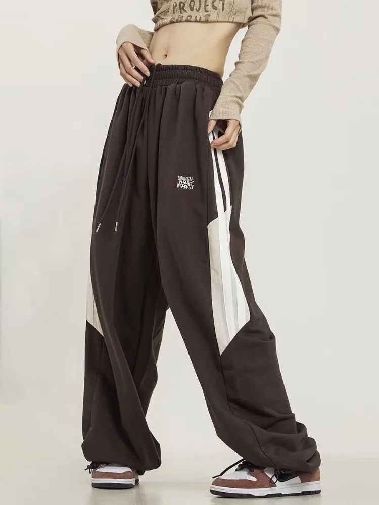 HOUZHOU Vintage Casual Brown Sweatpants Patchwork Y2K Streetwear Oversize Side Striped Sports Pants Female Wide Leg Trousers