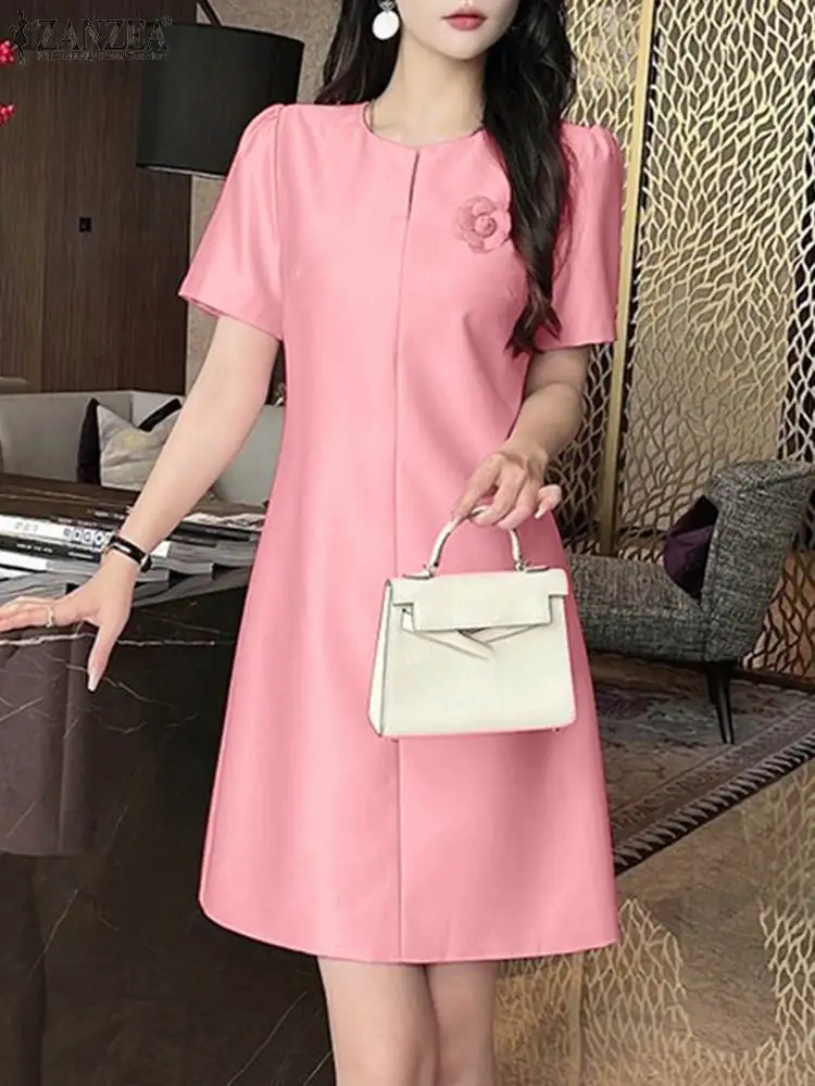 

ZANZEA Women Fashion Knee-length Vestidos Casual Flower Brooch V Neck Elegant Sundress Solid Summer Short Sleeve Party Dress