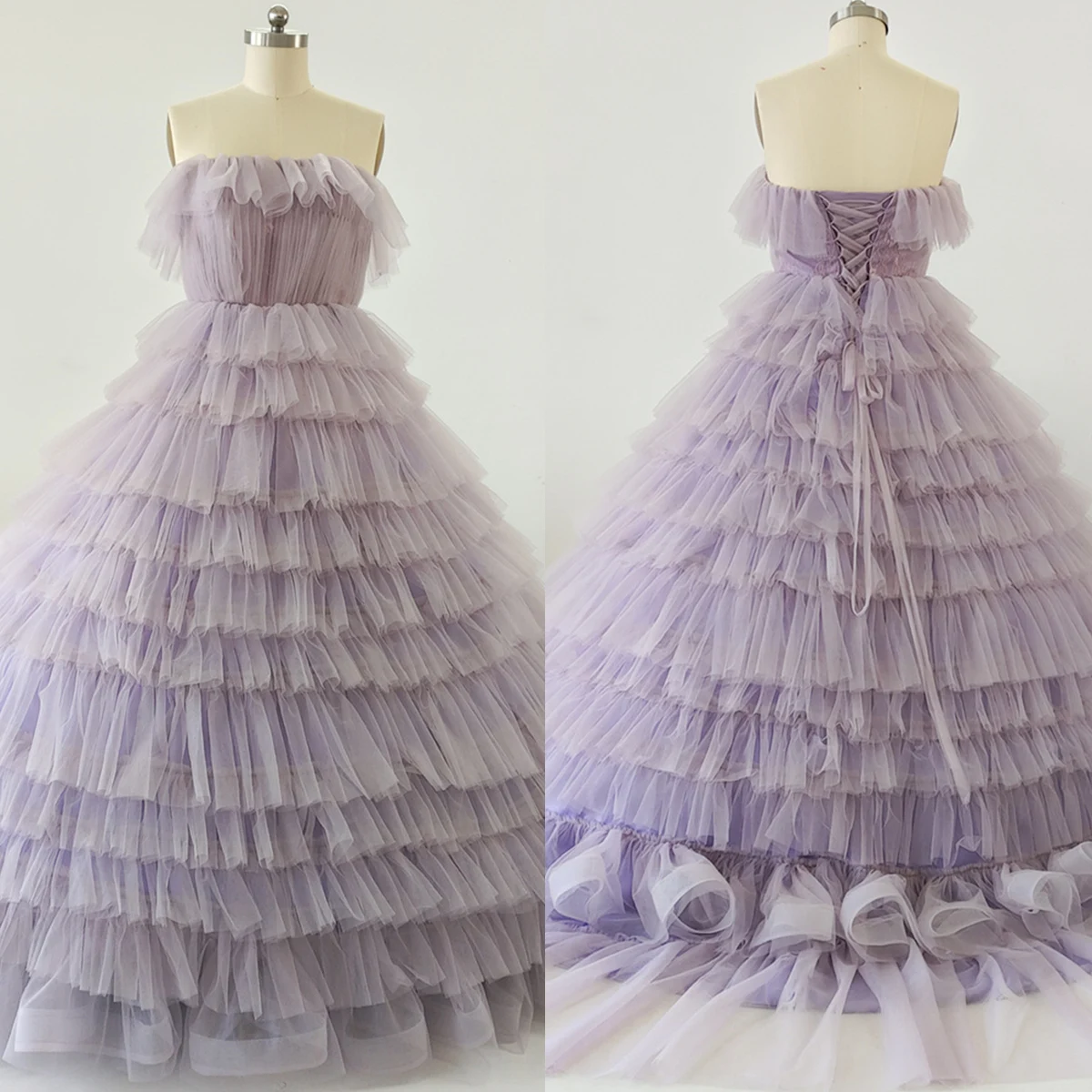 

Real Photo Evening Dresses Purple Tulle Ruffles Tired Ruched Strapless Floor Length Princess Plus Size party Formal Ball Gowns