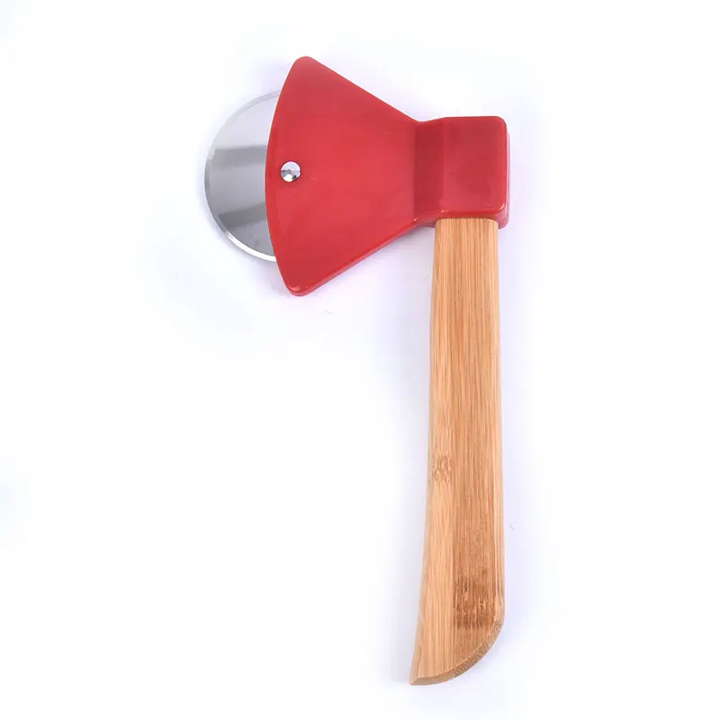 Axe Bamboo Handle Pizza Cutter Rotating Blade Home Kitchen Cutting Tool