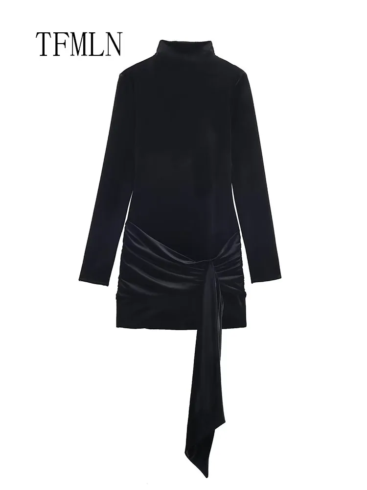 Vintage 2026 Spring Women Velvet Mini Dress With Belt Fashion Half High Collar Slim Party Dresses Causal Chic Date Night Dress