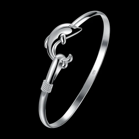 Direct hot 925 Stamp Silver color fine cute dolphin bangle for Women adjustable Girl student Jewelry Fashion Party Gifts