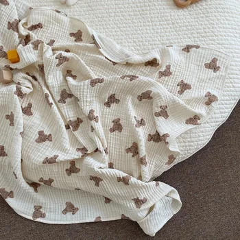 Asciugamano da bagno per bambini 90cmX130cm Coperta con stampa orso Mussola Traspirante Infantile Garza di cotone Swaddle Wrap Biancheria da letto Copertura per passeggino