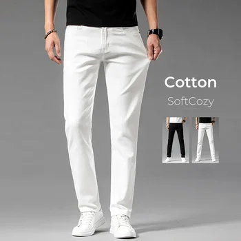 Summer New 98% Cotton Men's Casual Jeans White Classic Fashionable Stretch Straight Denim Trousers Black Brand Clothing Male