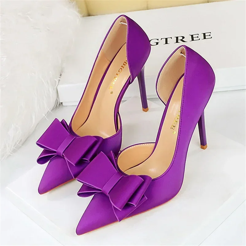 2024 Women 10.5cm High Heels Sweet Korean Side Hollow Pumps Lady Party Purple Green Kawaii Bowknot Heels Prom Silk Satin Shoes 2