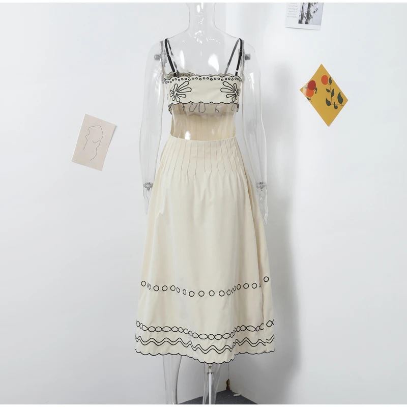 Image of Embroidery Women Strap Dress Sexy Hollow Out Sleeveless Backless Wave Hem Lady Dresses 2025 Spring Summer Beach Ladies Robe