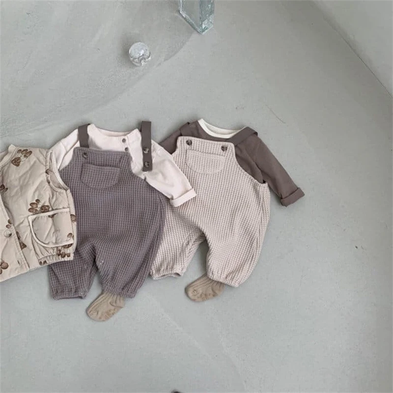 

Adorable Pocket Design Baby Boys Strap Pants Summer Autumn Toddler Waffle Romper 0-24Months Infant Girls Jumpsuit Kids Clothes