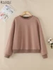 ZANZEA Women Long Sleeve Textured Sweatshirts 2025 Spring Loose Casual Crew Neck Pullover Tops Streetwear Solid Color Hoodies 1