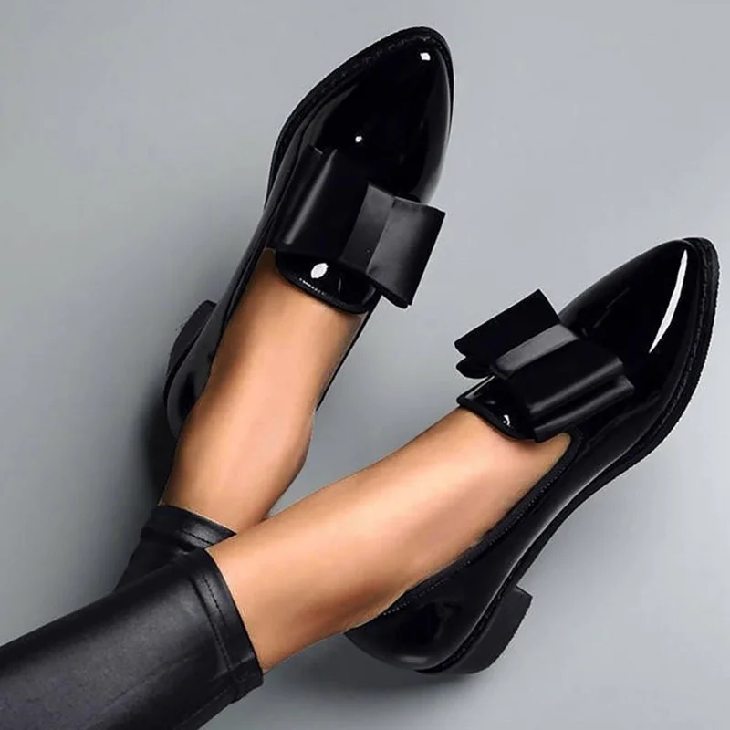 

BKQU Spring Autumn Women Shoes Bowtie Loafers Patent Leather Women's Low Heels Slip On Footwear Female Pointed Toe Thick Heel