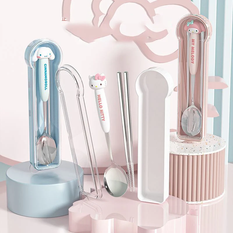 

Kawaii Anime Sanrio Hello Kitty My Melody Tableware Chopstick Spoon Cute Cartoon Portable Tableware Student Convenient Girl Toys