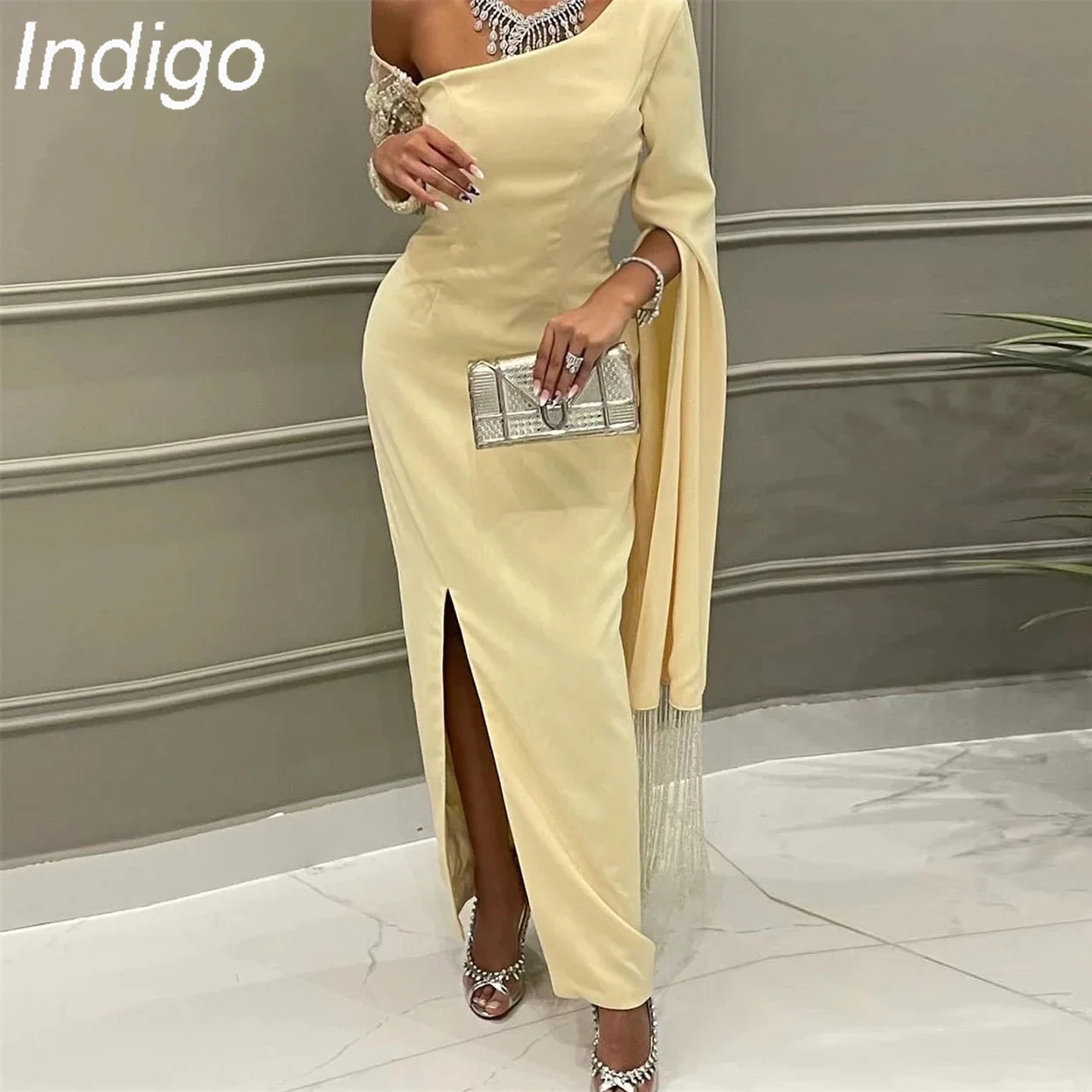 

Indigo Vintage Evening Dresses Ankle-Length Slit One-Shoulder Tulle Formal Party Dress For Women 2024 فساتين سهرة Saudi Arabia