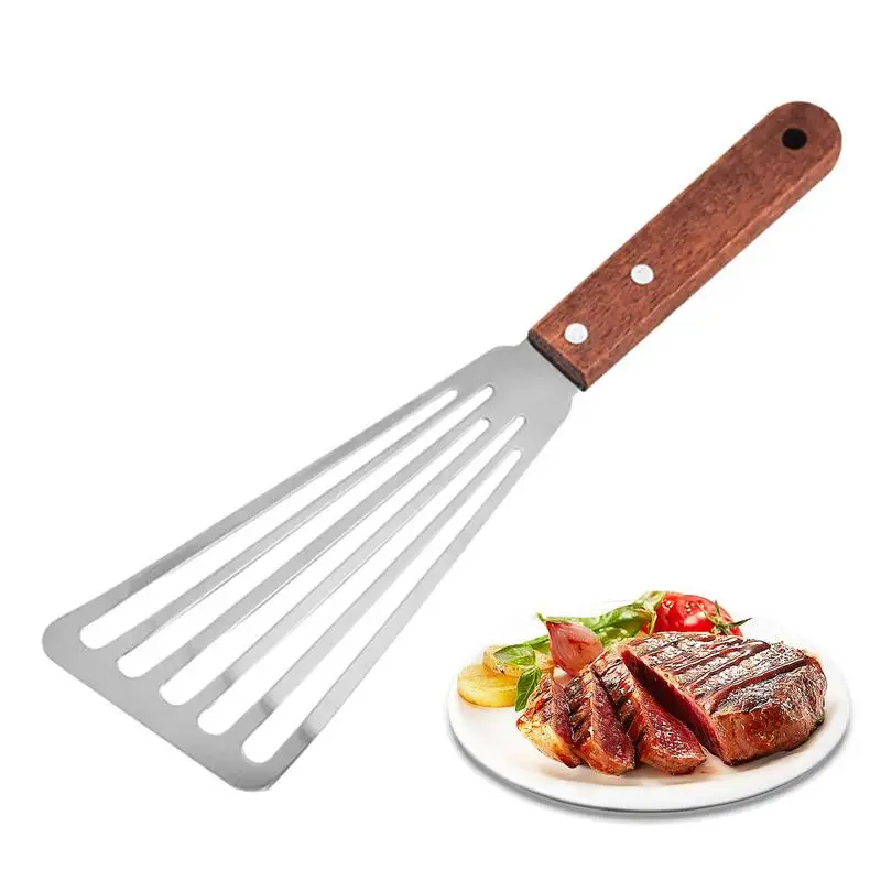 Stainless Steel Spatula Fish Flipper Turner Nonstick Beefsteak Shovel With Wooden Handle For Fish Frying Grilling Egg Flipping