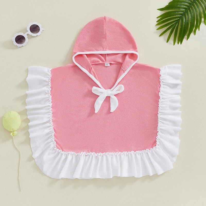 1-4Years Kids Baby Girl Hooded Poncho Towels Toddlers Contrast Color Bow Ruffled Loose Fit Beach Robe Cover-ups Swimwears children swimwear