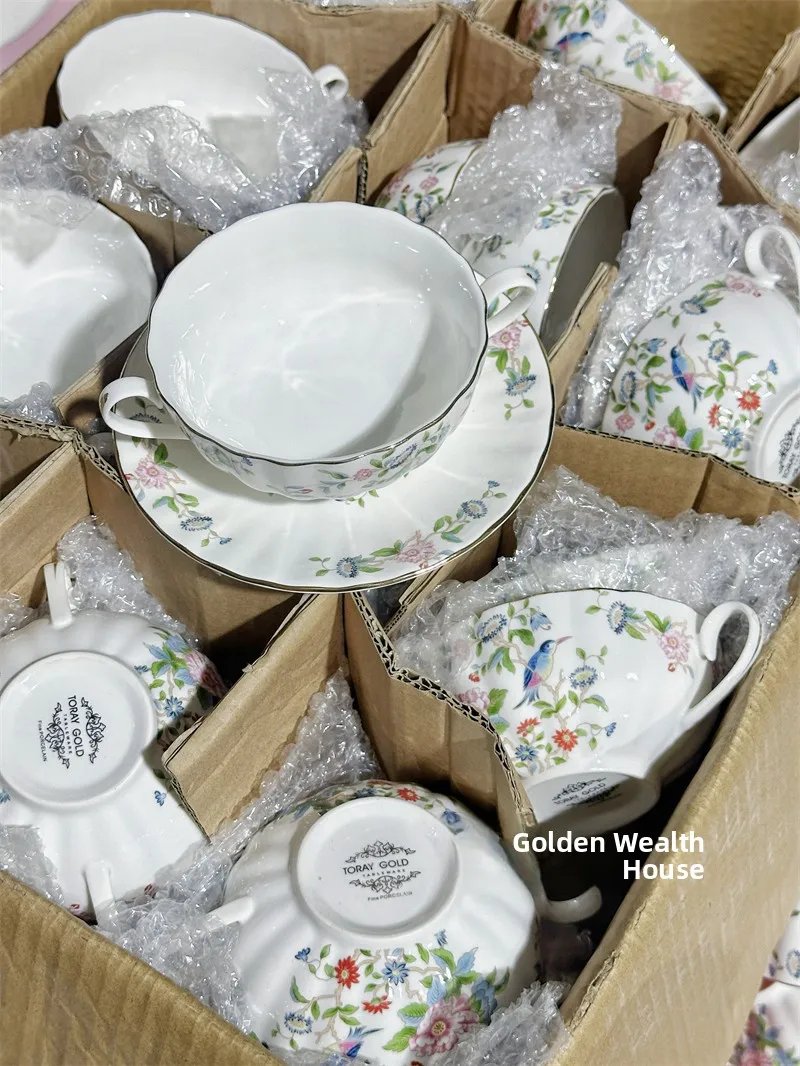 Retro Court Sle Bird And Flower Double Ear Bowl Plate European Design Breakfast Cup Dert Bowl Plate Set Handmade Bone China