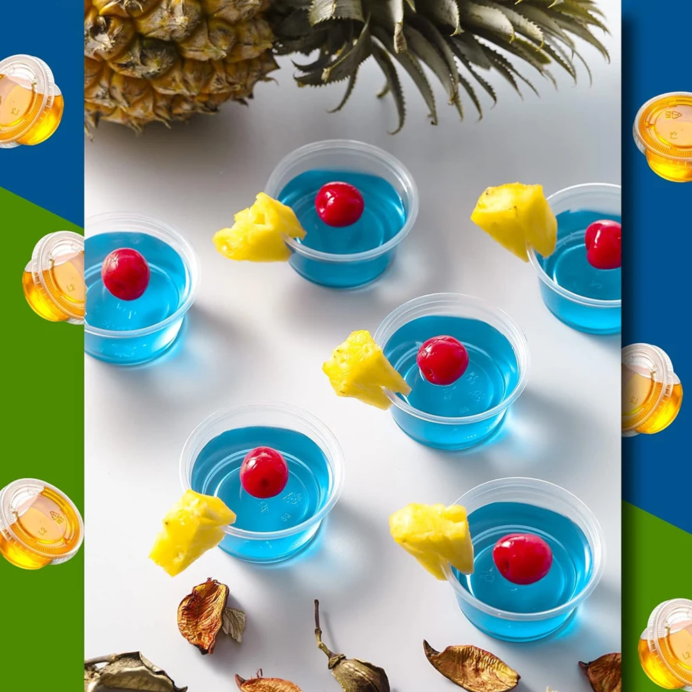 2OZ Jello Shot Cups, Small Plastic Containers with Lids, Airtight and Stackable Portion Cups, Salad Dressing Dipping Sauce Cups