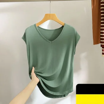 모달 V-neck 느슨한 바닥 셔츠 여성 여름 플러스 사이즈 슬리밍 얇은 내부 착용 탑 솔리드 올 매치 민소매 티셔츠