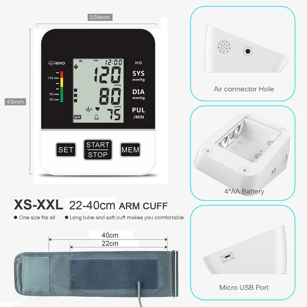 Digital Upper Arm Tonometer Medical Blood Pressure Monitor Heart Rate Sphygmomanometer Tensiometers Meter for Blood Pressure Monitor Blood Pressure Meter
