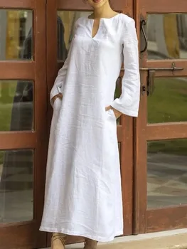UOOZEE Abito quotidiano casual con scollo a V in cotone a maniche lunghe bianco da donna 2025 Nuove tasche larghe in tinta unita H-line Abiti maxi semplici 1