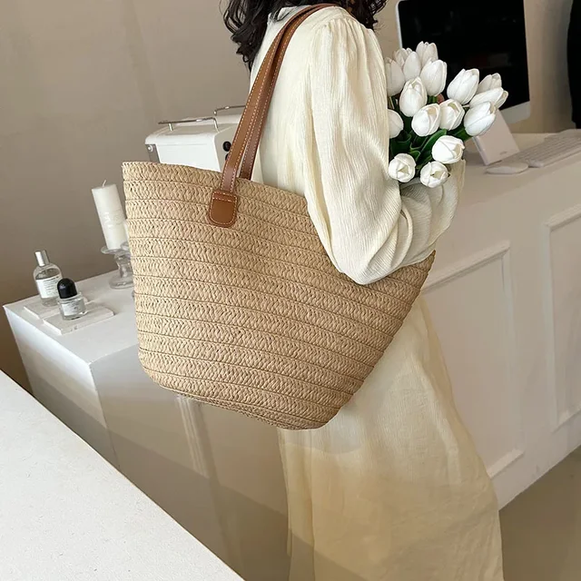Knitted Straw Luxury Shoulder Bag - Large Woven Beach Shopper Basket