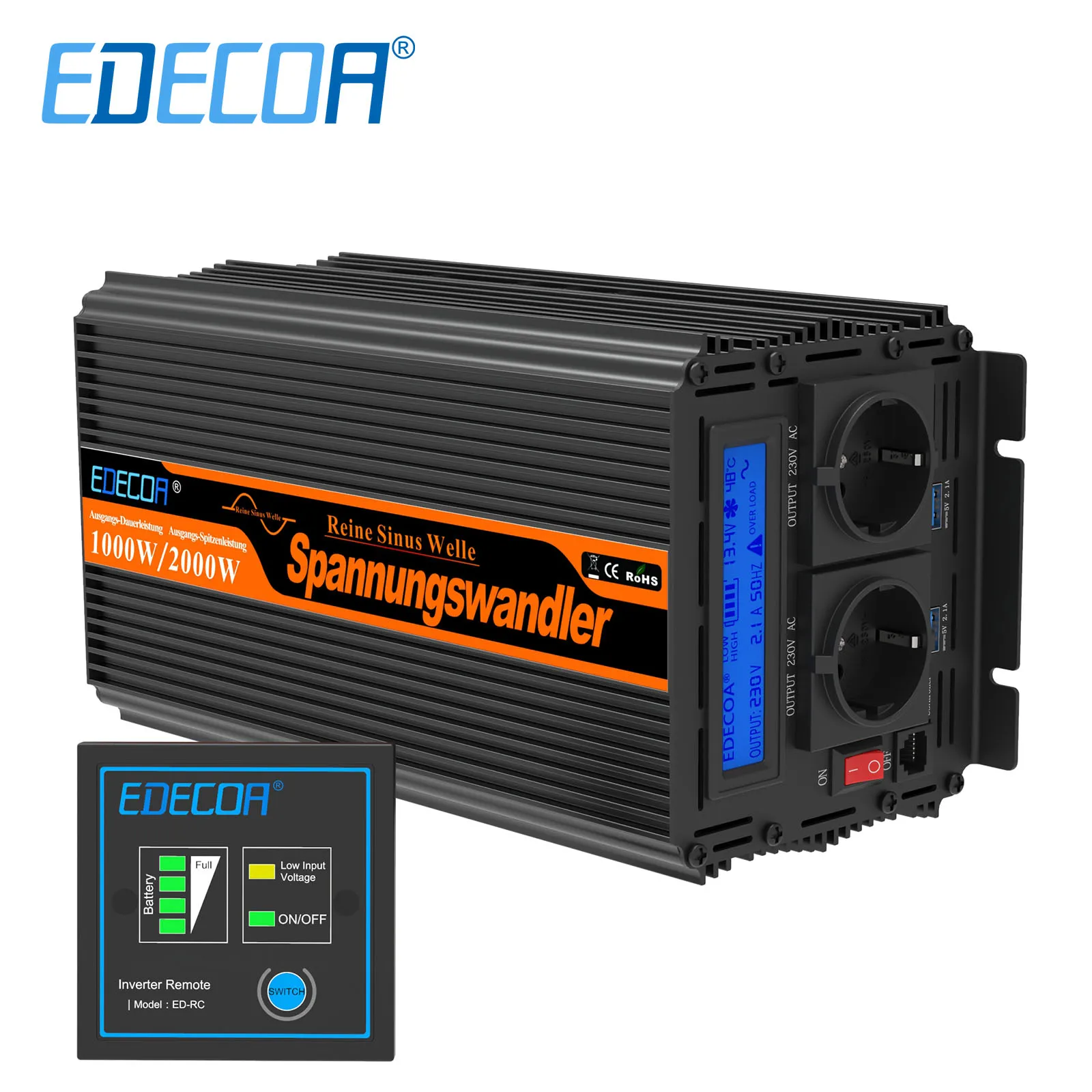 EDECOA 1000W pure sine wave power inverter DC 12V to AC 220V 230V converter  car inverter off grid solar inverter for RV boat