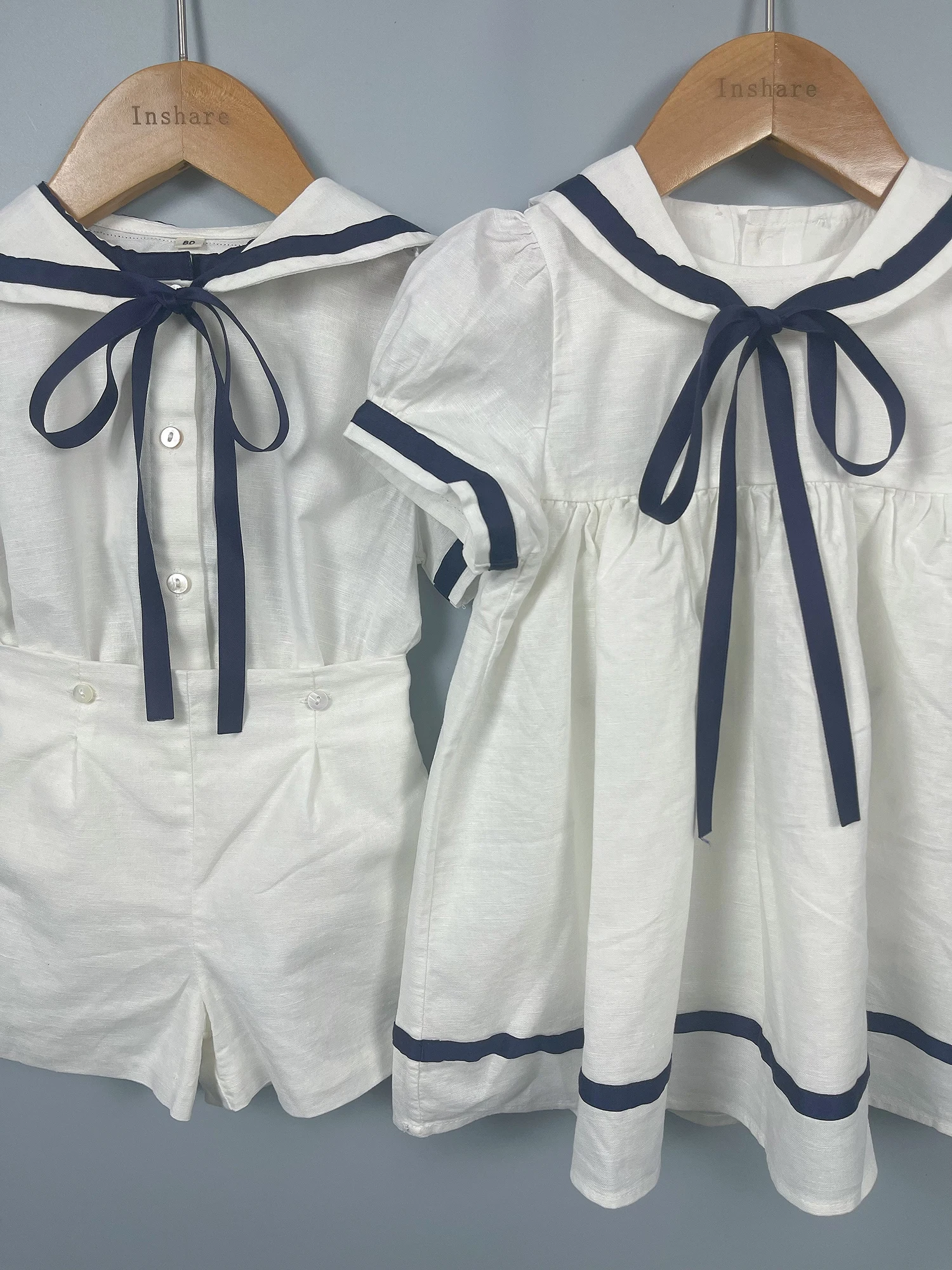Summer Navy Sister Brother Clothing White Cotton Linen Fabric with Bblack Ribbon Comfortable Breathable Daily Outfit Performance 2